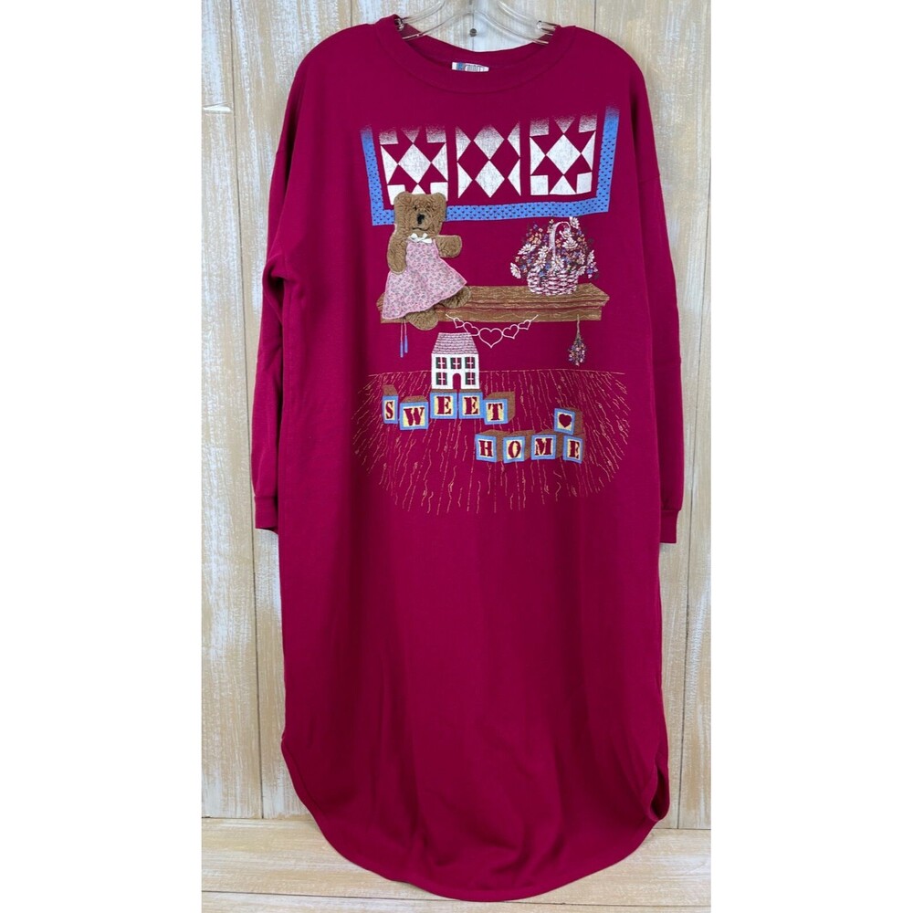 Bold Spirit Night Gown Red Fuzzy Teddy Bear Size M 90's Vintage Sweet Home Cozy